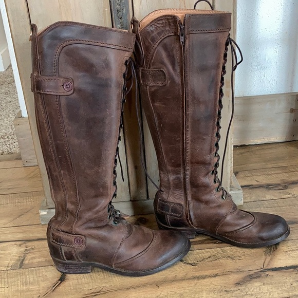 Genuine Leather Lace and Zip Up Knee High Boots - Picture 3 of 8